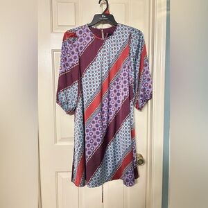 Ann Taylor Petite Boho Satin Geo Floral Diagonal Stripe Flare Dress Lily Lav 2P